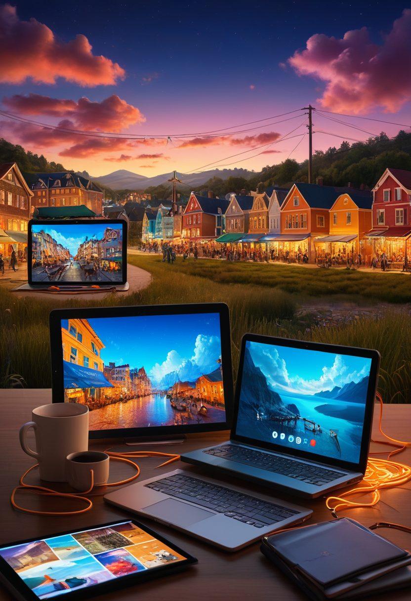 A collage of different digital devices like tablets and laptops displaying diverse storytelling elements such as open books, animated characters, and captivating visual narratives. A glowing thread connects these devices, symbolizing connection through storytelling. Warm and inviting colors dominate the scene, evoking a feeling of community and creativity. background elements of a digital landscape with soft clouds and data streams. vibrant colors. super-realistic.